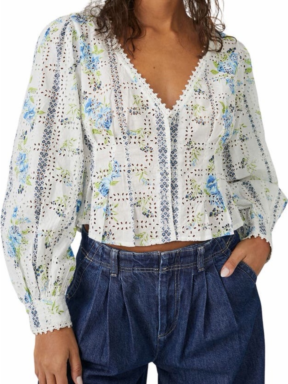 Free People Cropped Blossom Eyelet Top Cottage Boho Floral